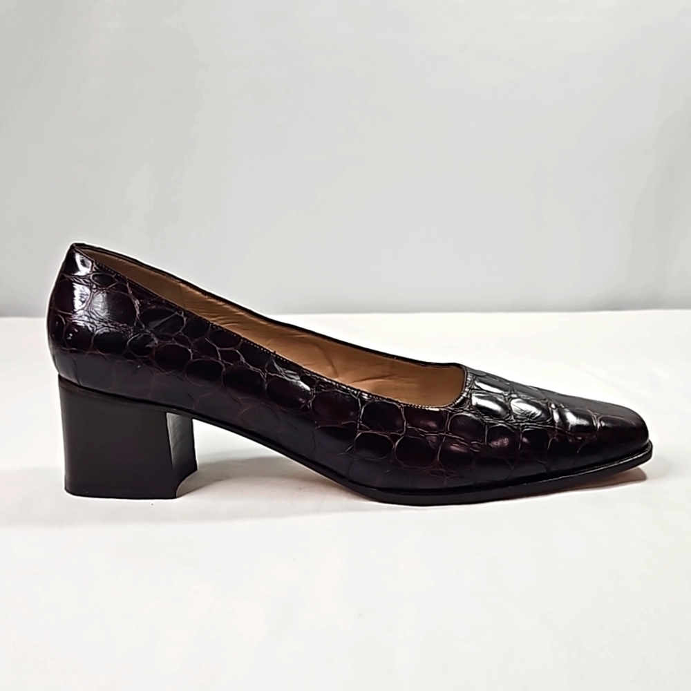 Rangoni Croc-Embossed Dark Plum Block Heel Pumps
